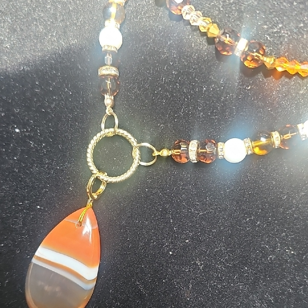 Orange and Brown Agate Necklace with Beaded Chain